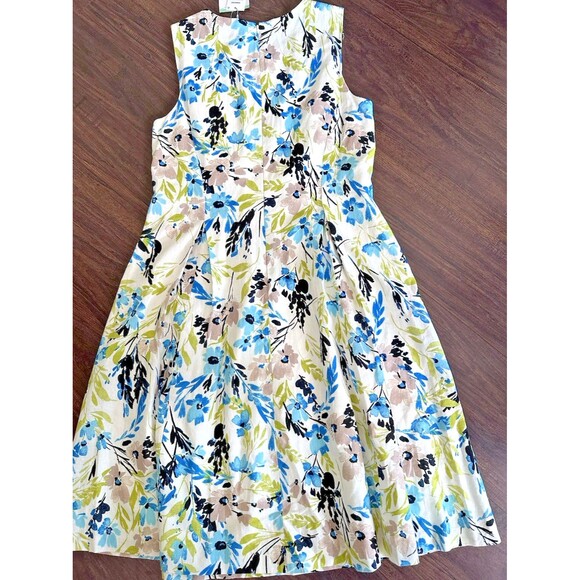 Kasper Women's Linen-Blend Printed Sleeveless Flared-Skirt Dress White Multi 16 - Picture 11 of 14